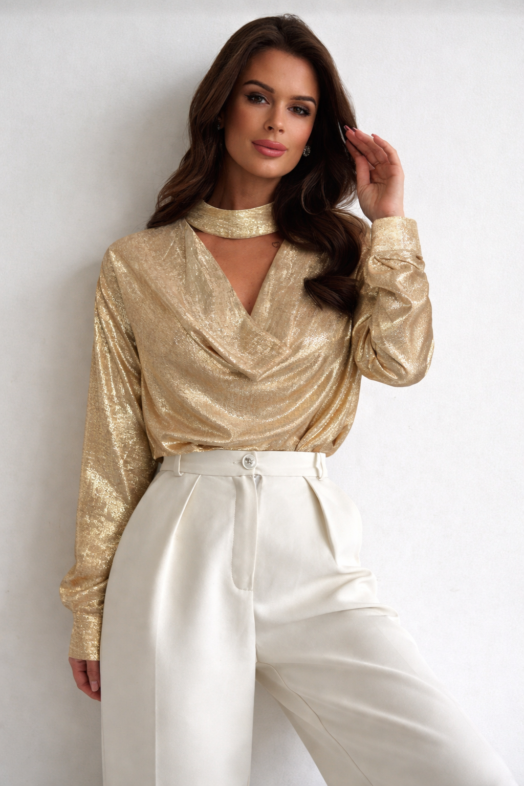 Women’s Draped Scarf Collar Poplin Shirt – Elegant Spring Summer Commuter Blouse - UltraChic