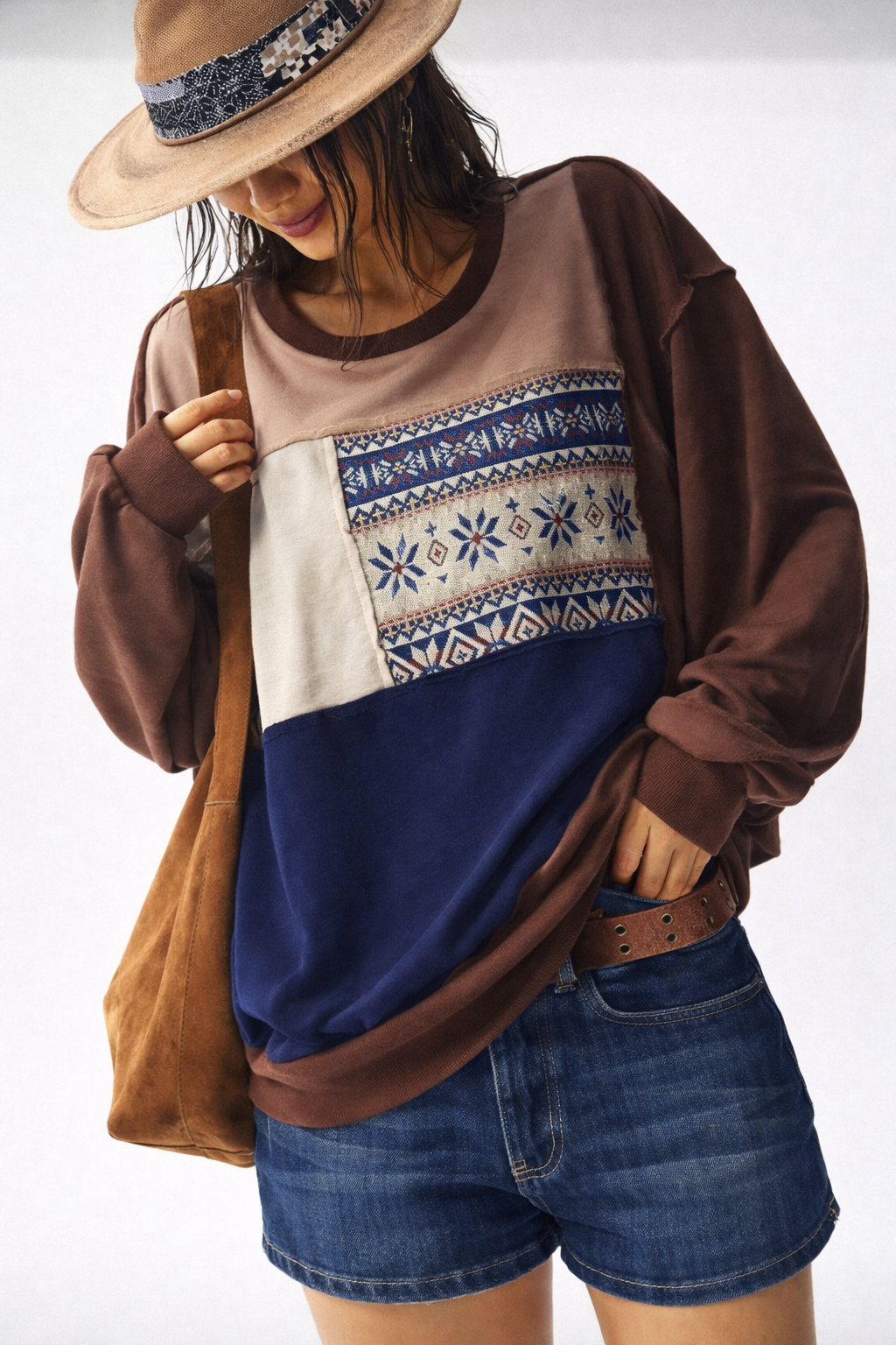 Women’s Patchwork Knit Sweatshirt – Cozy Autumn Winter Casual Top - UltraChic