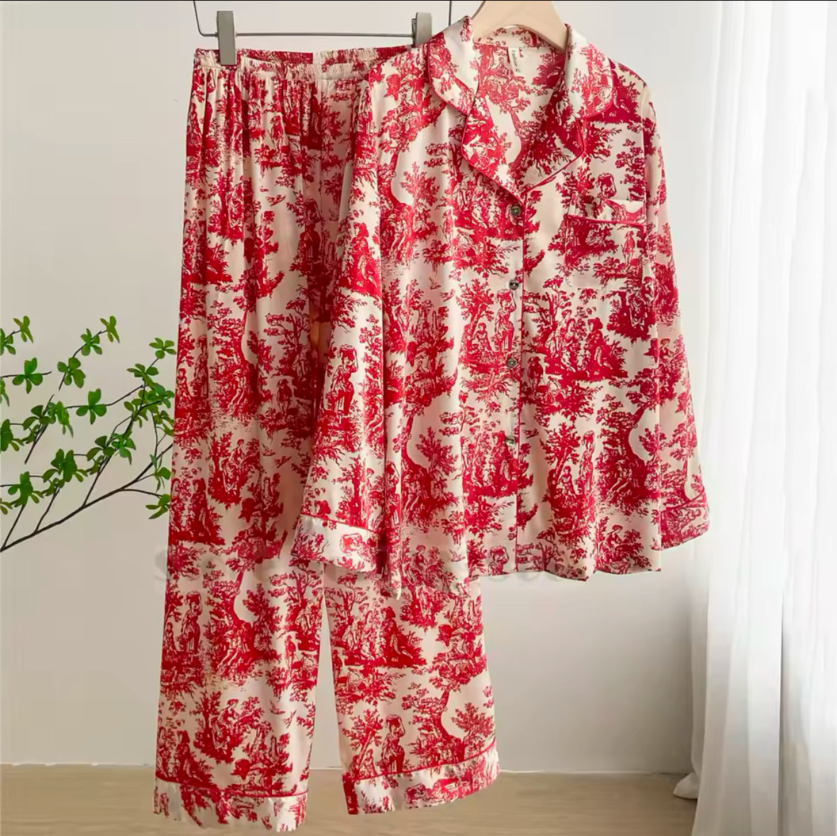 Fashionable Floral Print 2PCS Pajama Set for Women – Comfortable Satin Sleepwear, Spring & Summer Lounge Wear, Loose Fit Trouser Suit for Relaxing at Home
