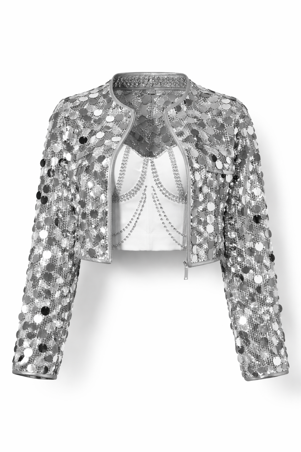 Women’s Silver Sequin Cropped Party Jacket – Long Sleeve Glitter Winter Evening Wear - UltraChic