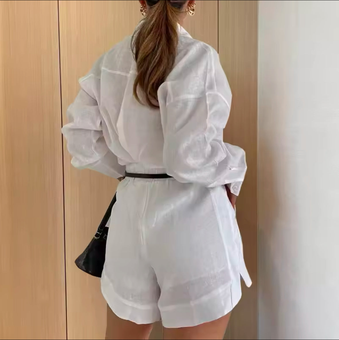 2025 Women’s Long Sleeve 2-Piece Set – Casual Button-Down Shirt & Pockets Shorts for Summer – Trendy & Comfortable Female Outfit