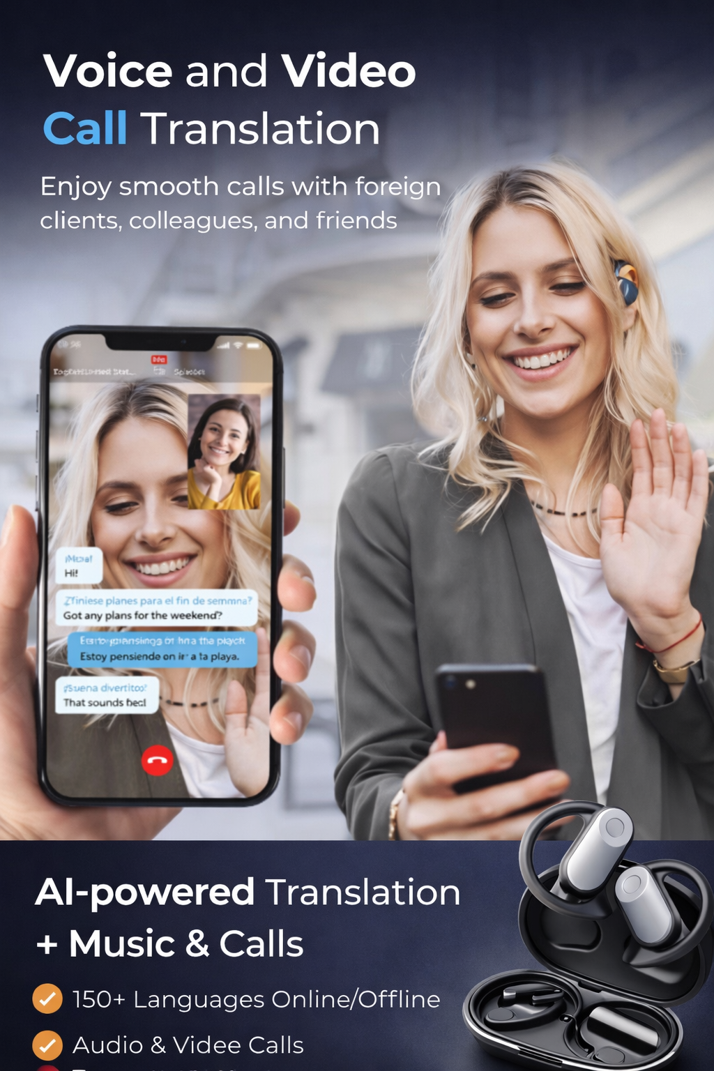 AI Translation Earbuds Real-Time 150 Languages – Smart Wireless Translator Headphones for Travel Business Communication