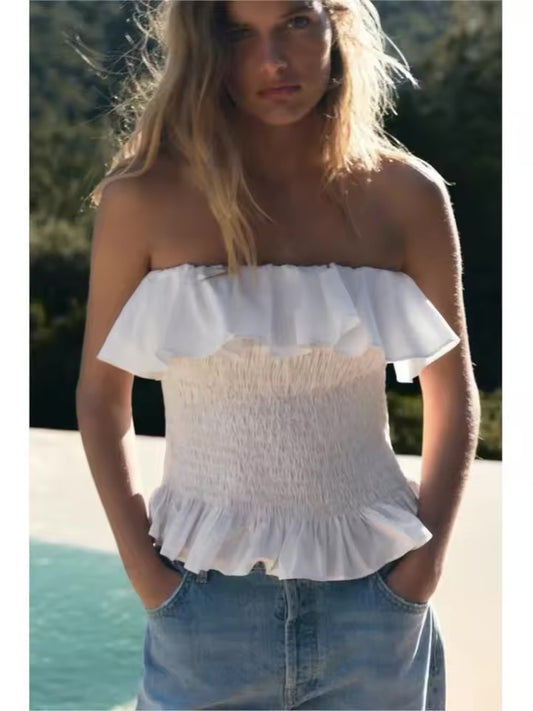 Elenzga Bohemian Ruffled Strapless Crop Top – Women’s Summer Vacation Tube Blouse