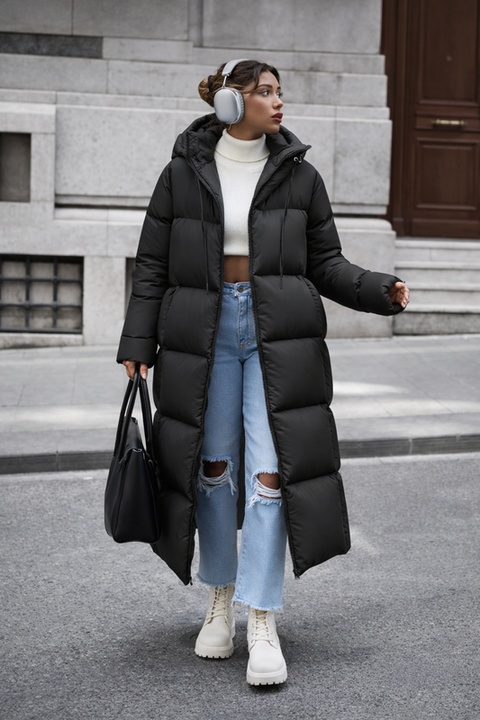 Women’s Ultra-Warm Long Hooded Puffer Coat – Waterproof Quilted Winter Jacket