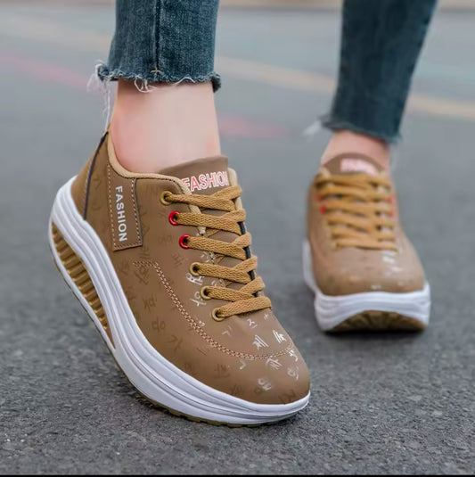 Ladies Casual Sports Shoes | Breathable Comfortable Lace-up Sneakers with Wedge Heel & Thick Sole