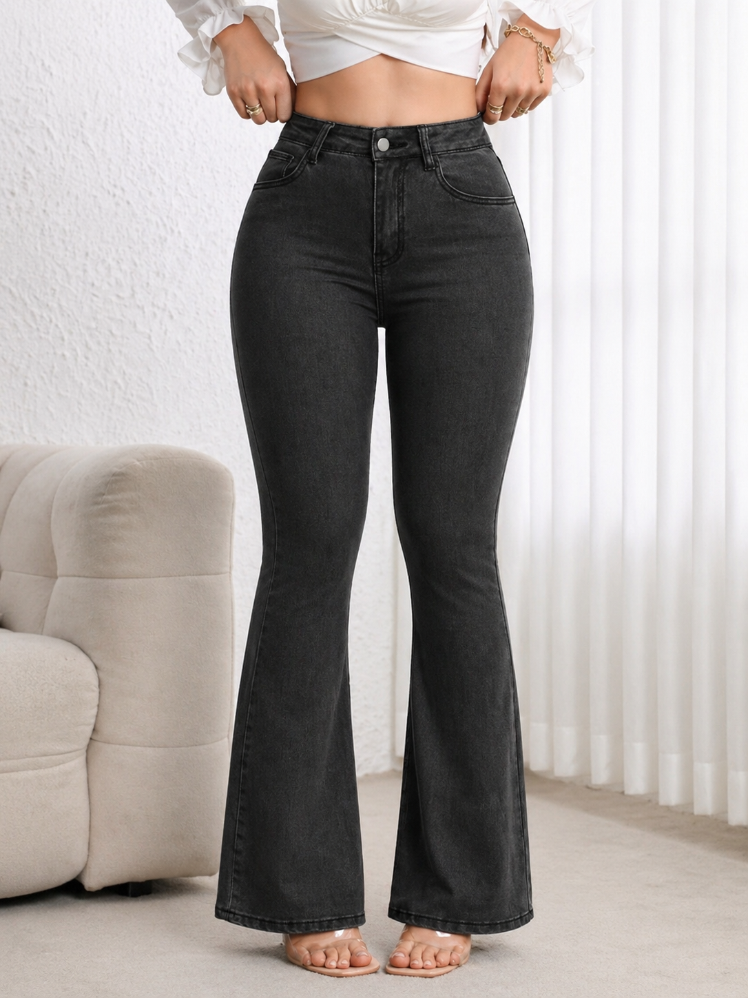 Flare Denim Jeans High Waist Curve Enhancing Slim Fit Legs Elongating Elegant Look All Season Women