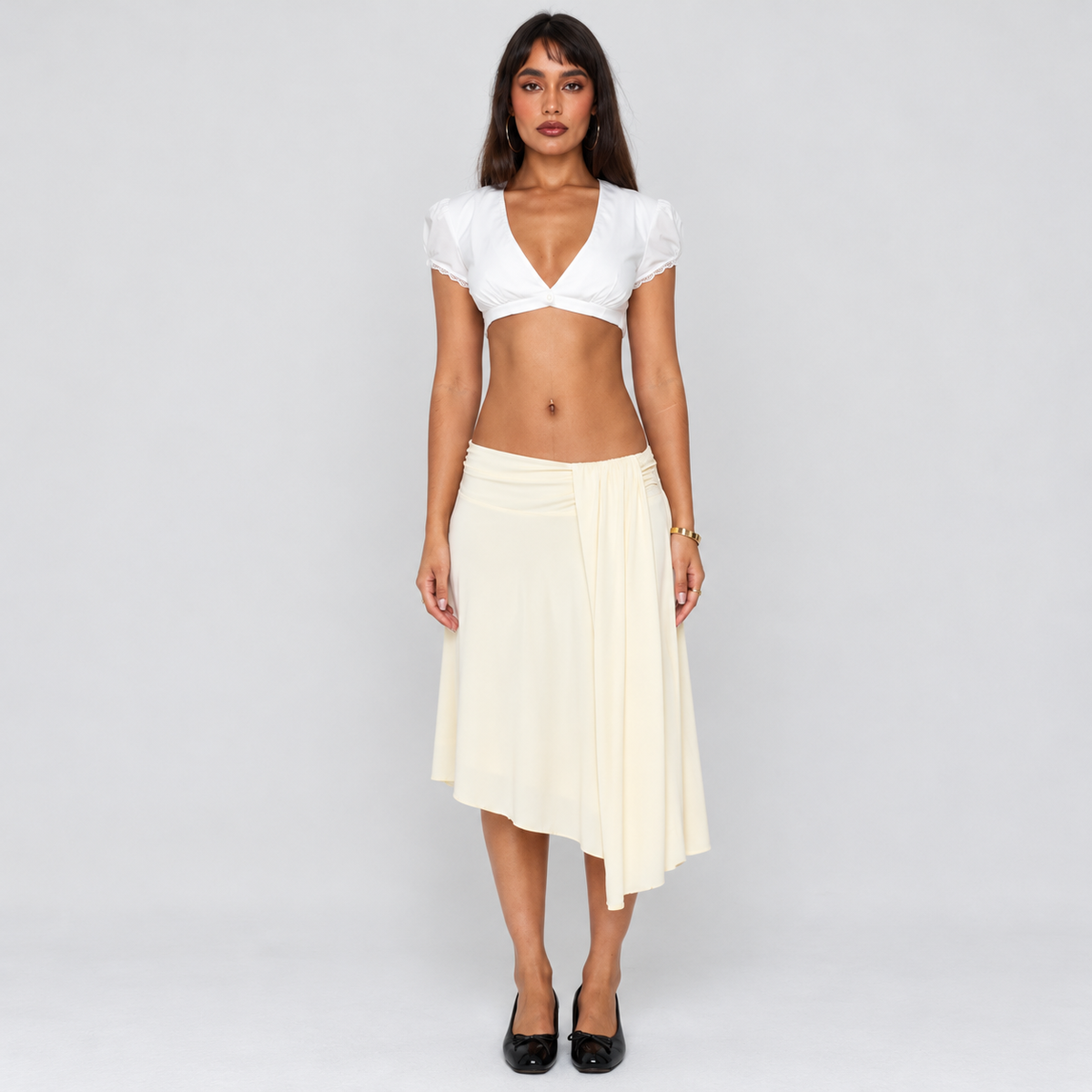 Delliah White Micro Crop Top – Puff Sleeve Lace Trim Blouse