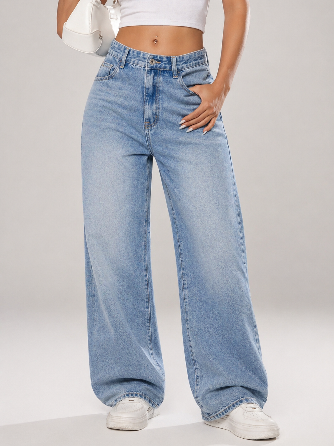 Wide Leg Denim Jeans Thick Cotton Fabric Flattering Silhouette All Season Women