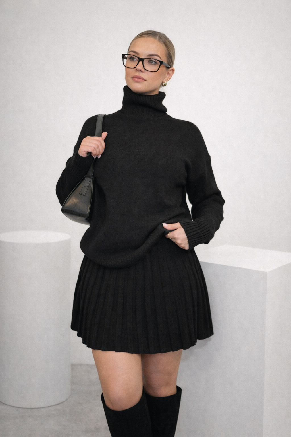 Women’s High Neck Knit Sweater & Mini Skirt Set – Winter Chic Outfit