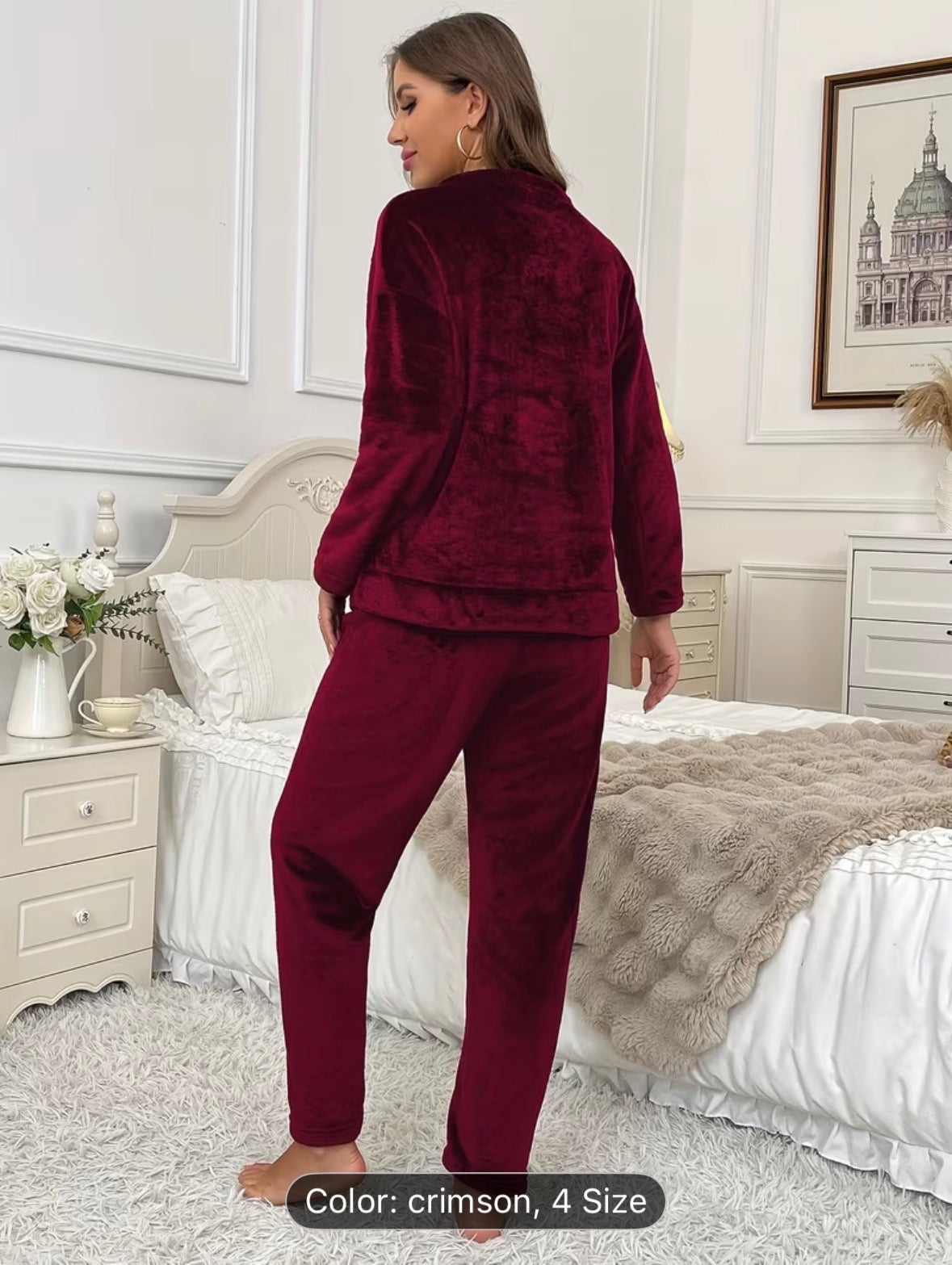 Women’s Autumn/Winter Flannel Coral Fleece Long Sleeve Pajama Set – Comfortable Warm Loungewear with Letter Embroidery, Casual Home Sleepwear Black - UltraChic