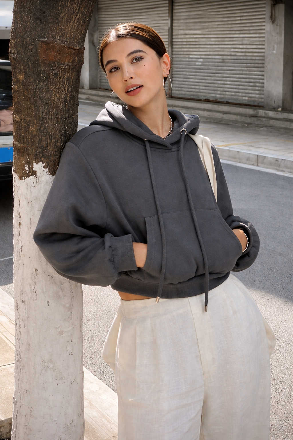 Women’s Cropped Hoodie – Solid Color Fall Casual Sweatshirt
