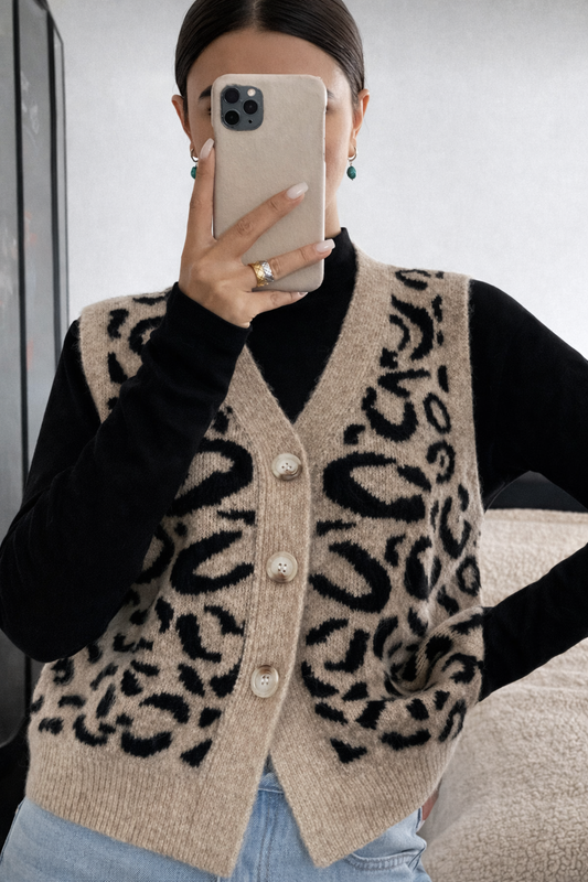 Women’s Leopard Knit Vest – Elegant Autumn/Winter Sleeveless Office Layer