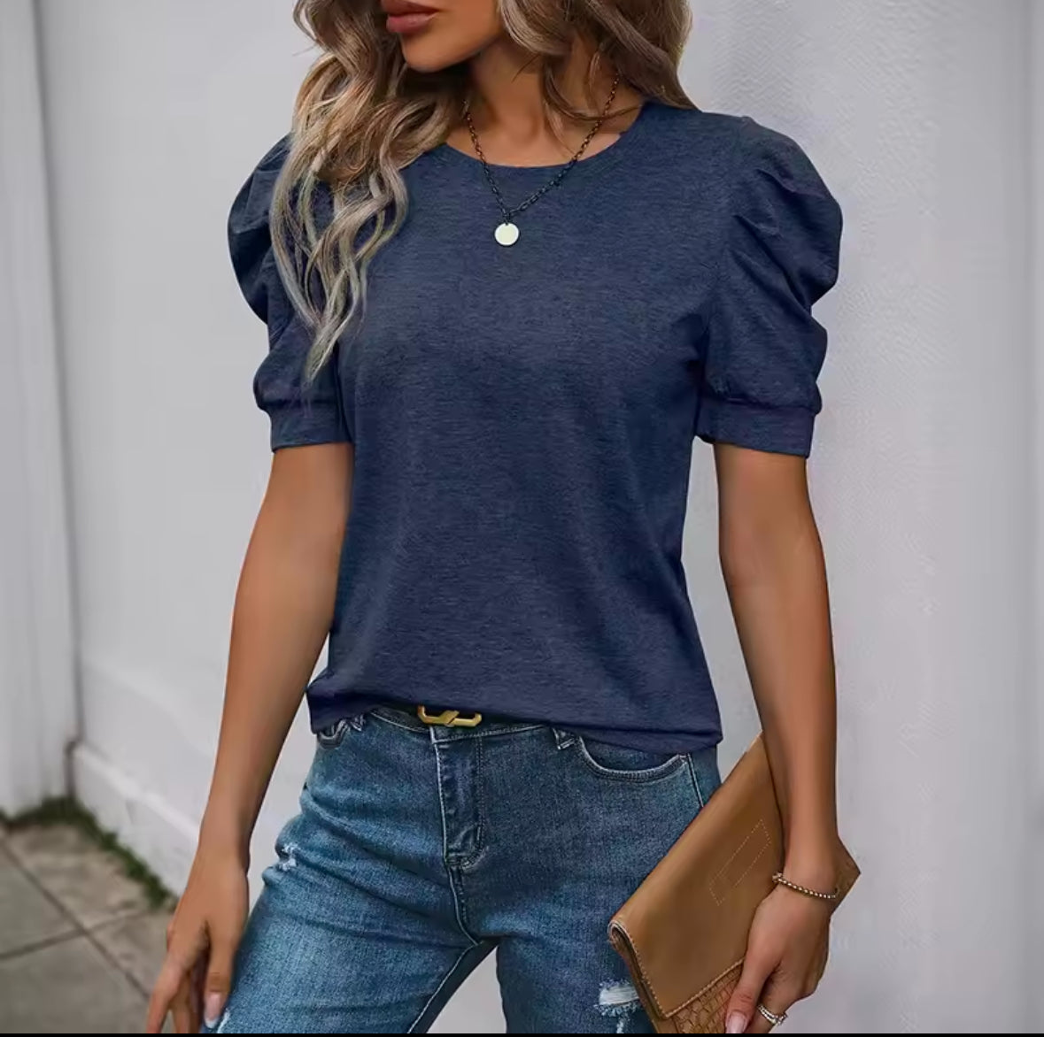 INAWLY Women’s Solid Color Crew Neck Gigot Sleeve T-Shirt – Elegant & Stylish Casual Top