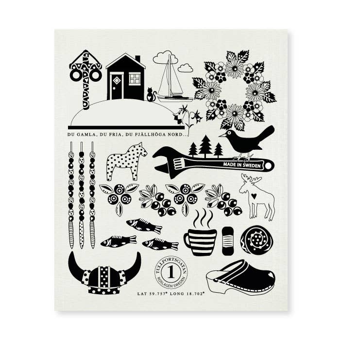 Dish Cloth: Made in Sweden Iconic Symbols of Sweden White with Black Print - UltraChic