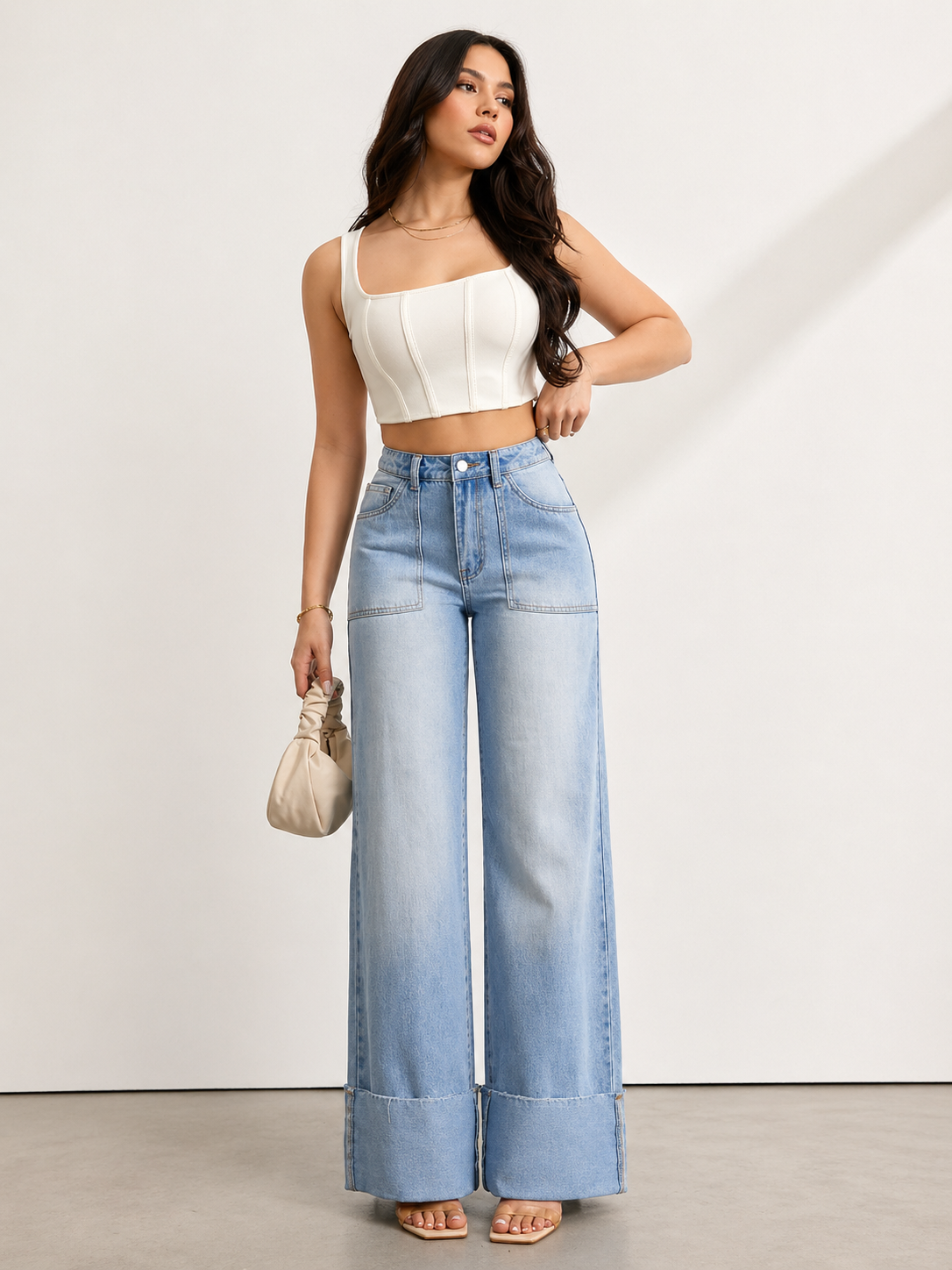 Wide Leg Denim Jeans High Waist Cuffed Hem Tall Fit Effortless Chic Summer Women