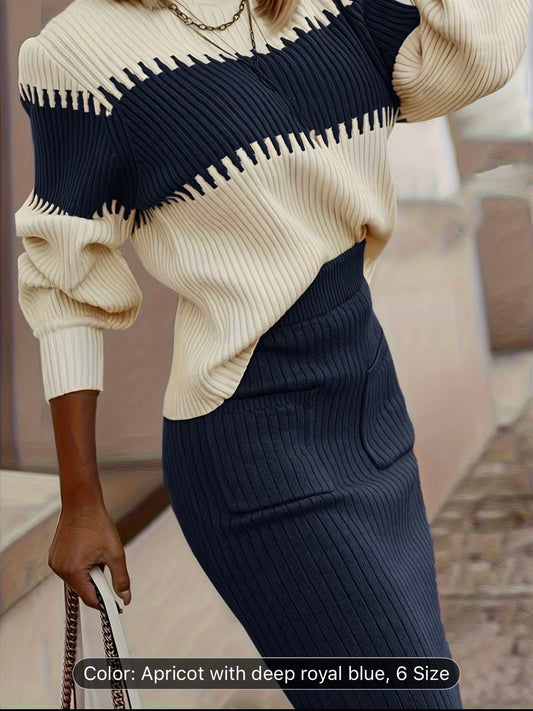 High Neck Pullover Skirt Split Two-Piece Color Block Contrast Thick Long Sleeve Sweater Set – Winter Wardrobe, Elegant Office & Casual Style for Women - UltraChic