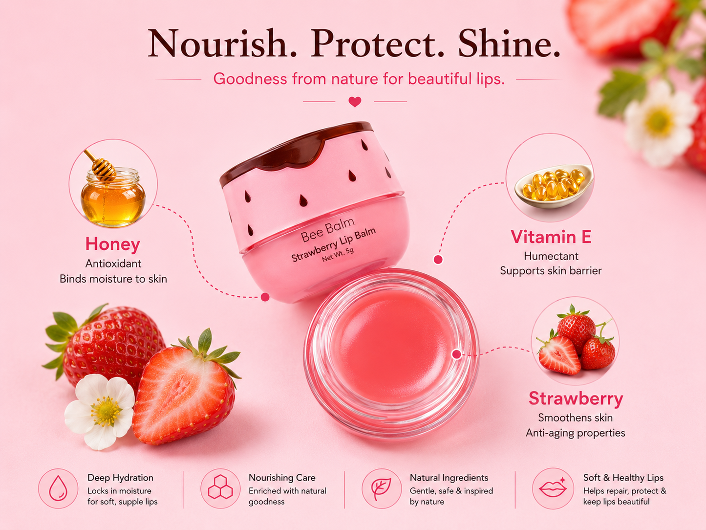 Bee Balm Strawberry Lip Balm – Deep Hydration & Nourishing Lip Care for Soft Glossy Lips