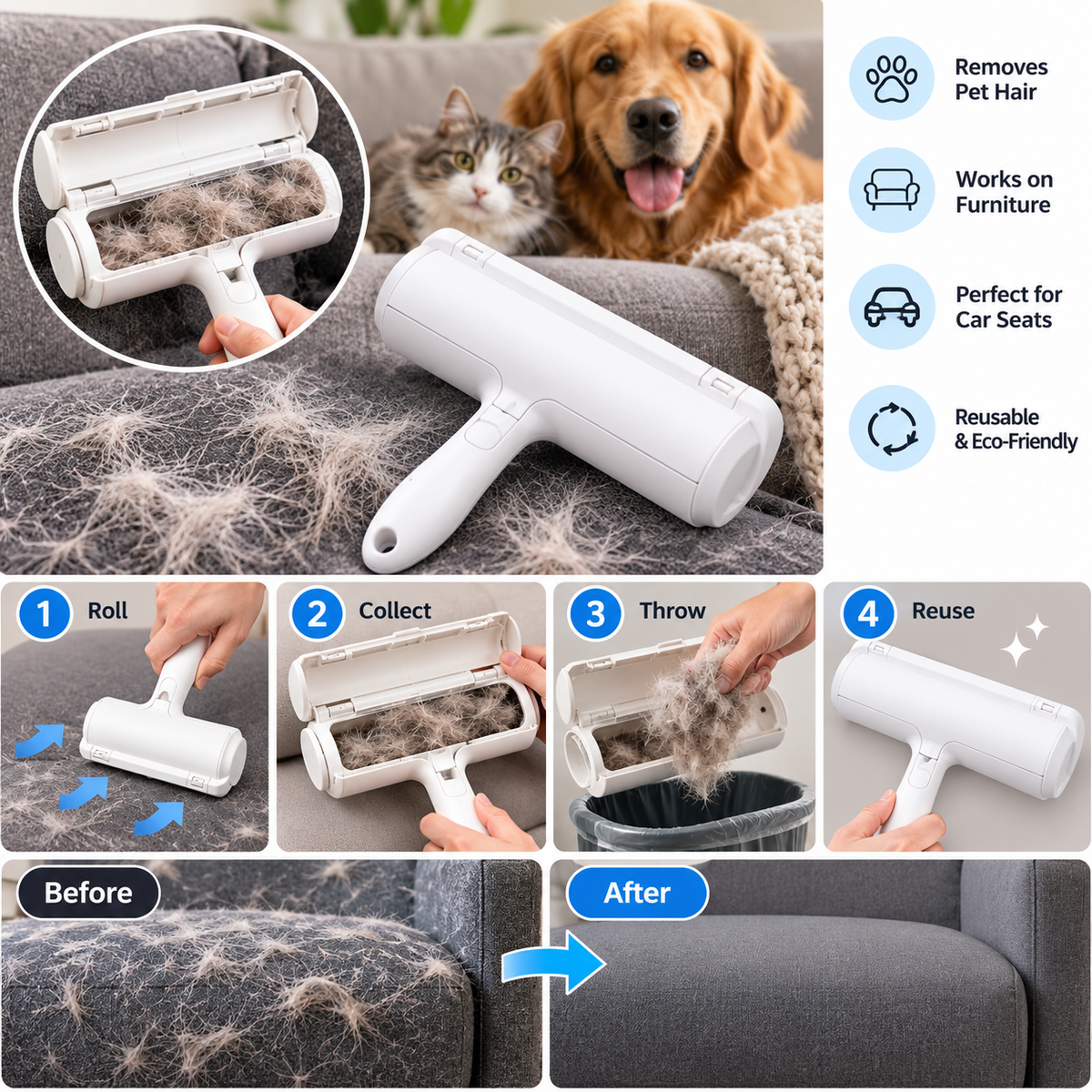 Reusable Pet Hair Remover Roller – Furniture & Upholstery Cleaner