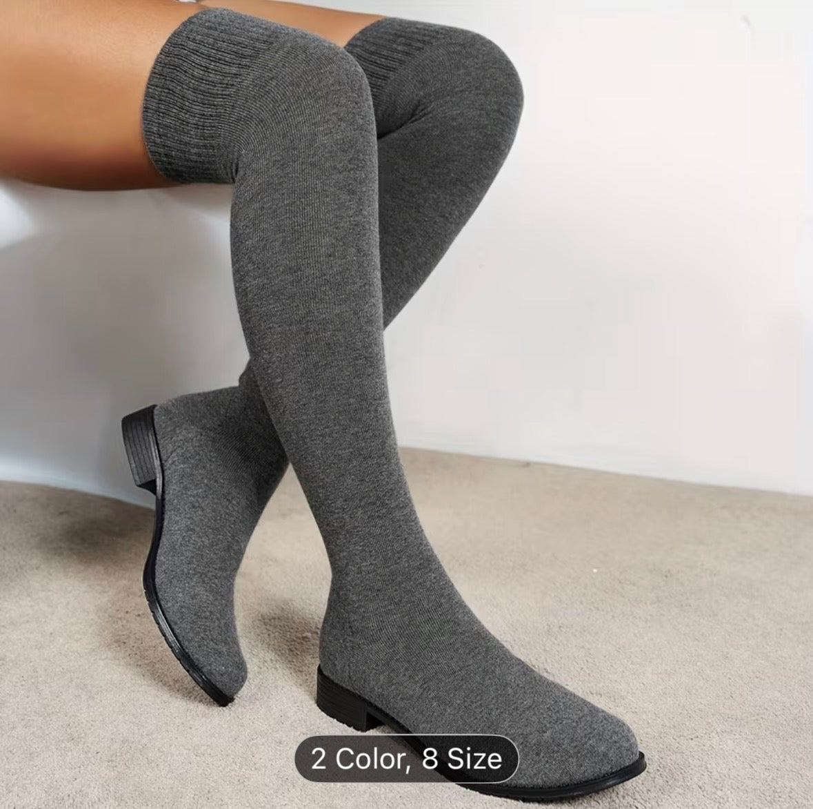 Women’s Over-The-Knee Sock Boots – Stretchy, Long Knitted, Flat Round-Toe High Boots