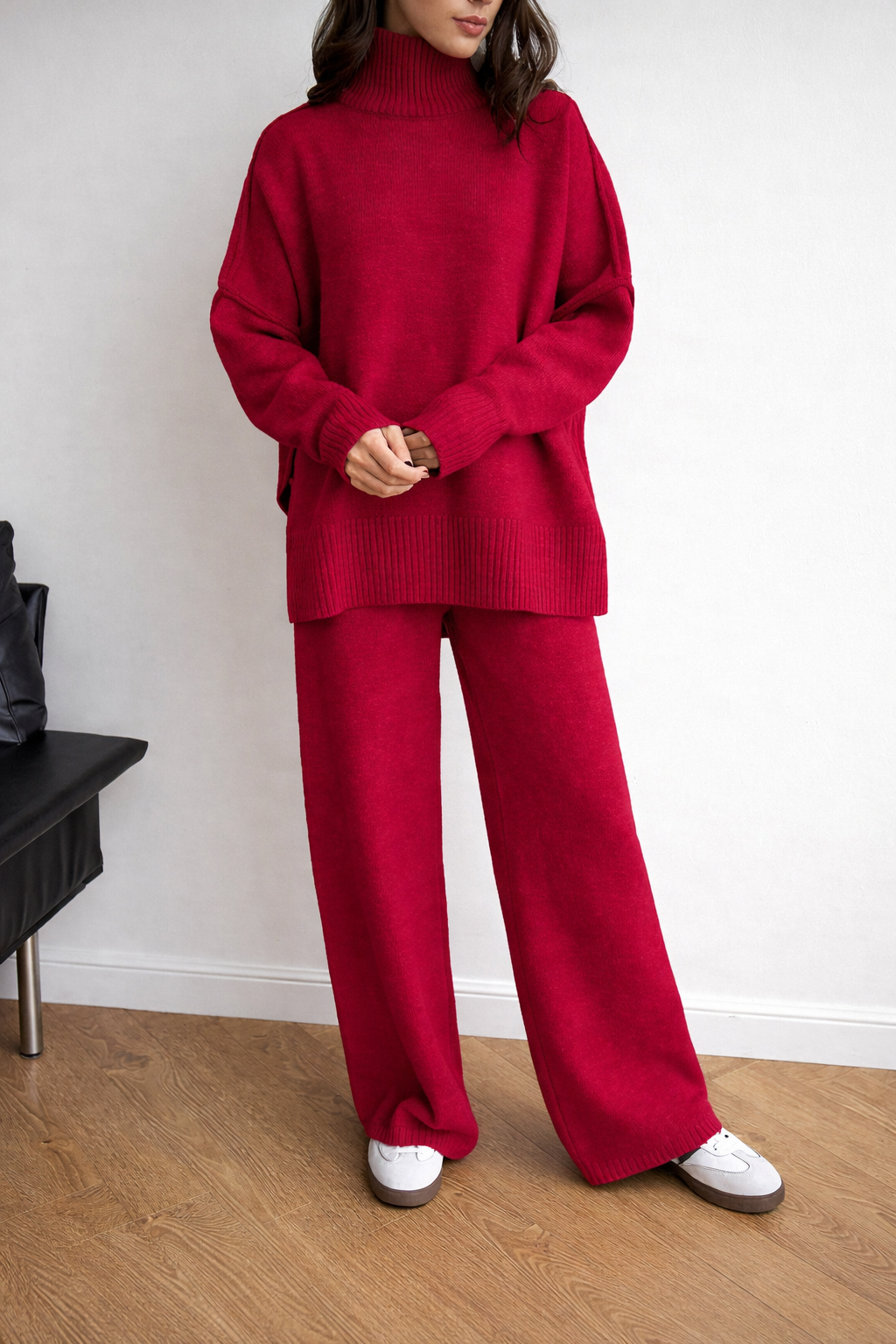 Women’s High Collar Knit Lounge Set – Cozy Autumn Winter Two Piece Outfit - UltraChic