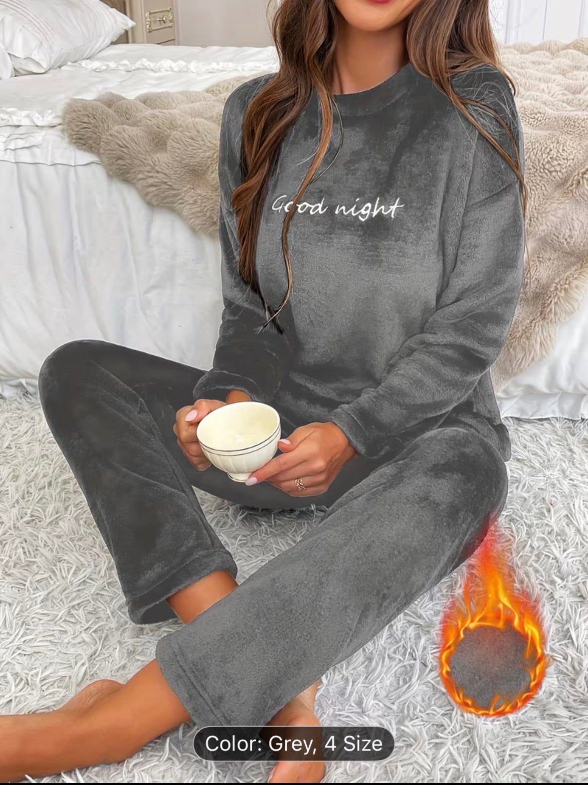 Women’s Autumn/Winter Flannel Coral Fleece Long Sleeve Pajama Set – Comfortable Warm Loungewear with Letter Embroidery, Casual Home Sleepwear Black - UltraChic