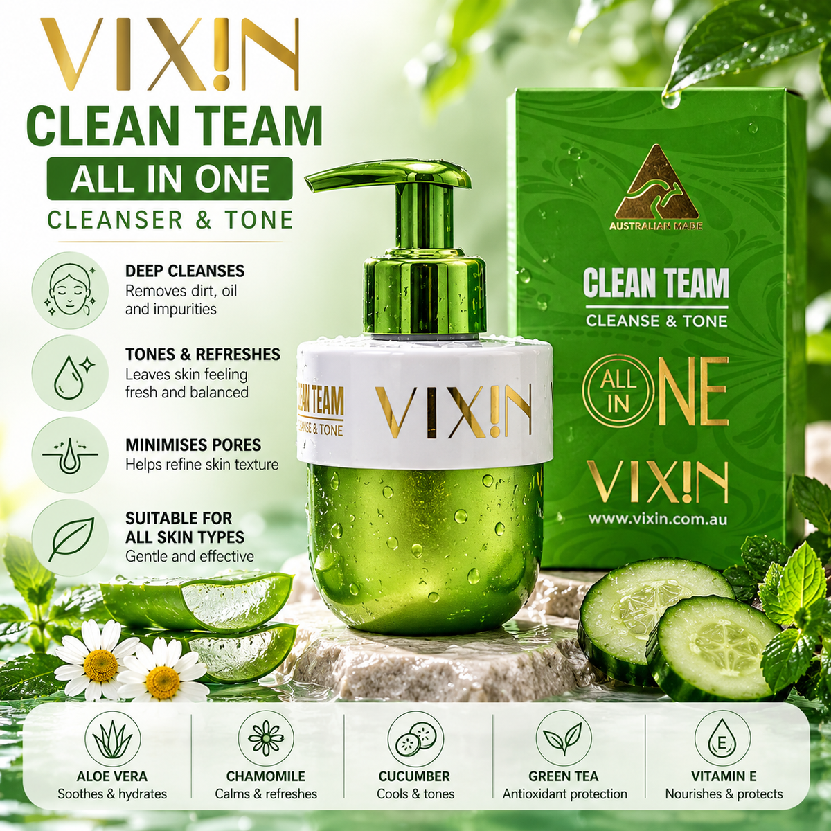 VIXIN Clean Team All-In-One Cleanser & Toner 200ml | Daily Face Cleanser