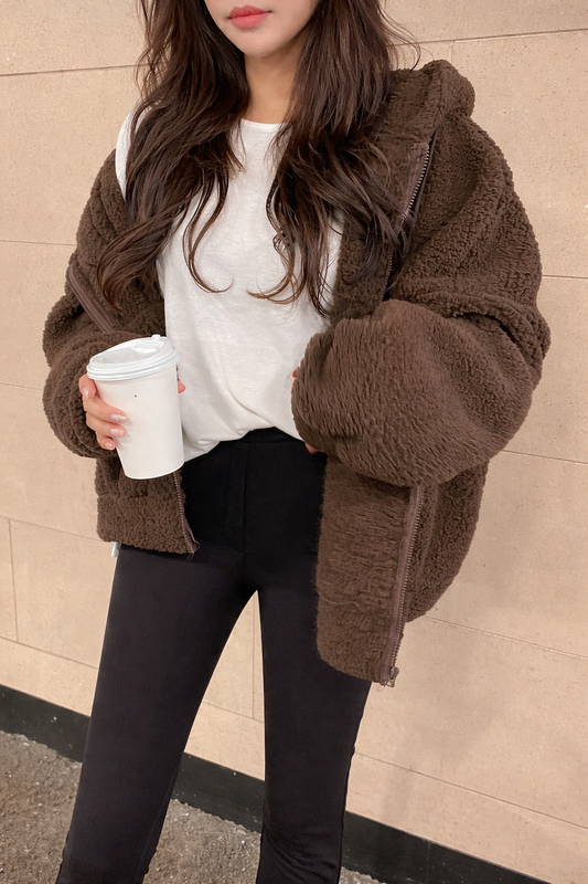 Women’s Zip-Up Teddy Hoodie – Oversized Fall Winter Casual Jacket