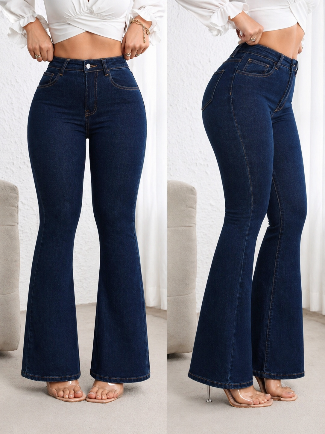 Flare Denim Jeans High Waist Curve Enhancing Slim Fit Legs Elongating Elegant Look All Season Women