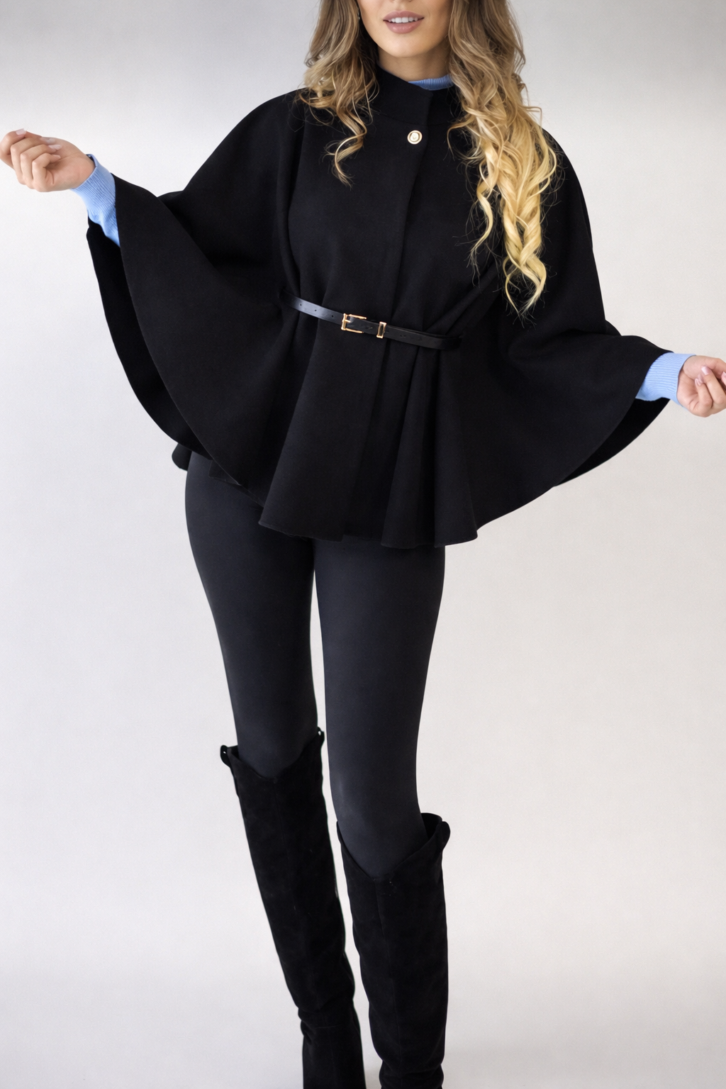 Women’s Elegant Stand Collar Poncho Coat with Belt – Winter Loose Fit Cape Jacket - UltraChic