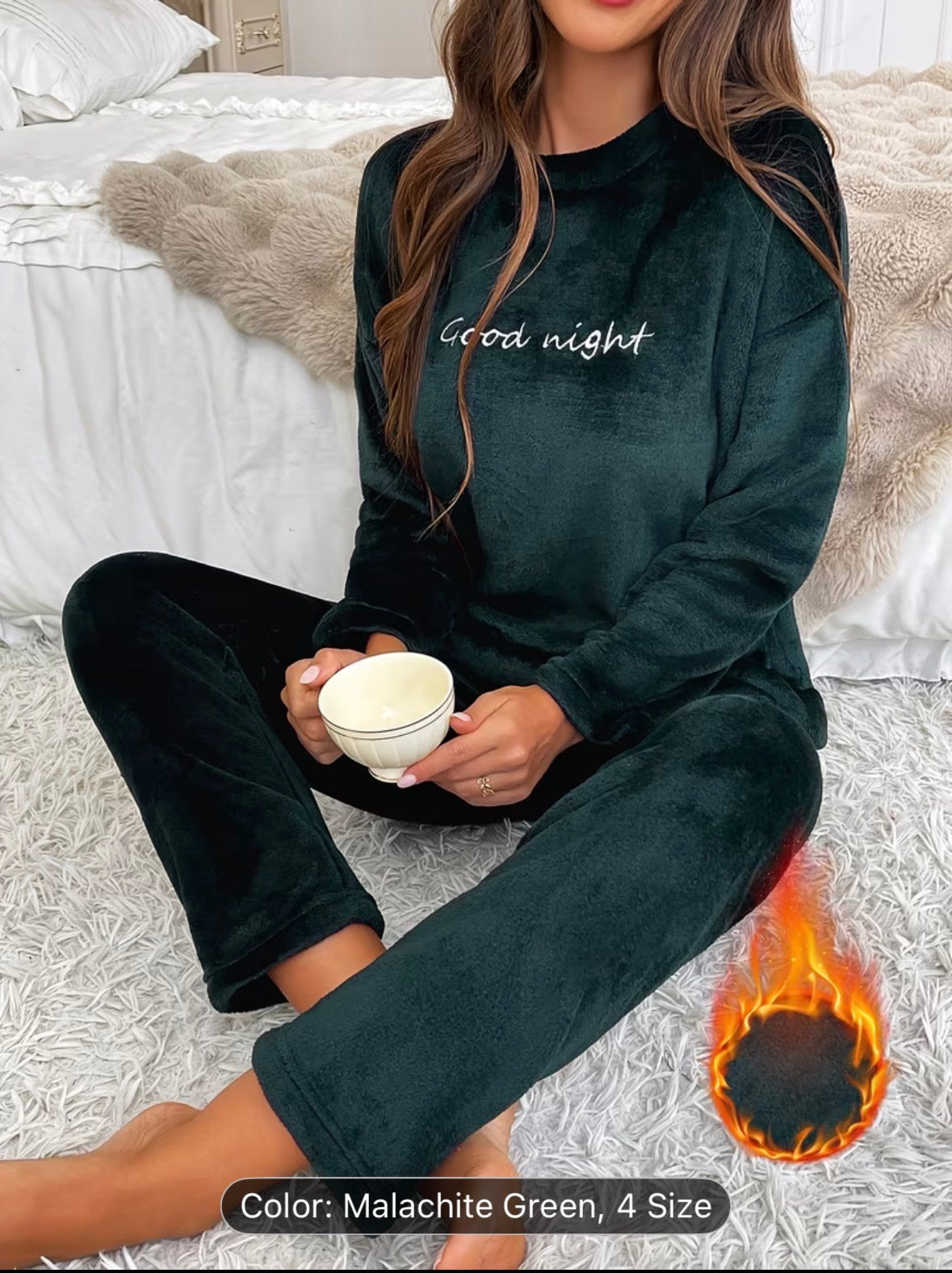 Women’s Autumn/Winter Flannel Coral Fleece Long Sleeve Pajama Set – Comfortable Warm Loungewear with Letter Embroidery, Casual Home Sleepwear Black - UltraChic