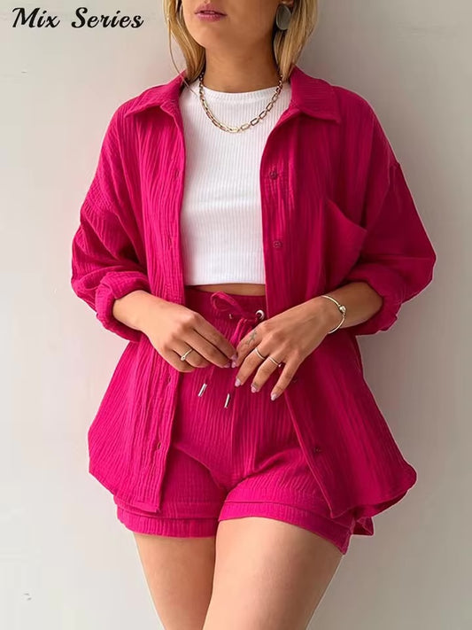 Effortless Elegance – Spring 2025 Pleated Blouse & Lace-Up Shorts Set for the Modern Muse