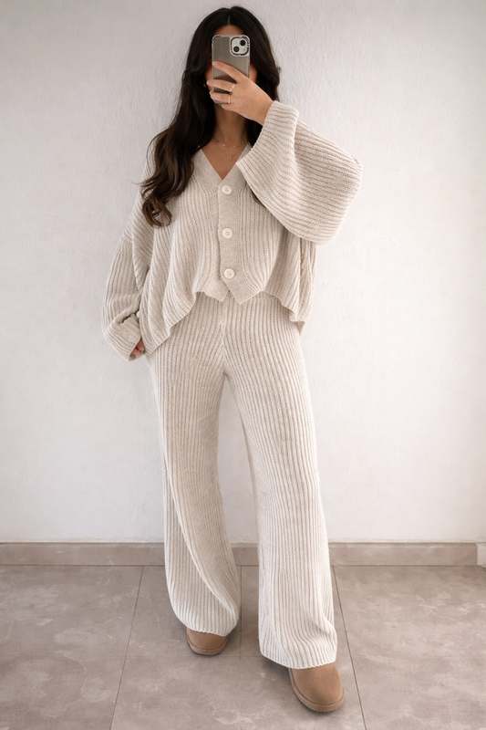 Women’s Knit Cardigan & Flare Pants Set – Cozy Autumn Casual Two-Piece Outfit - UltraChic
