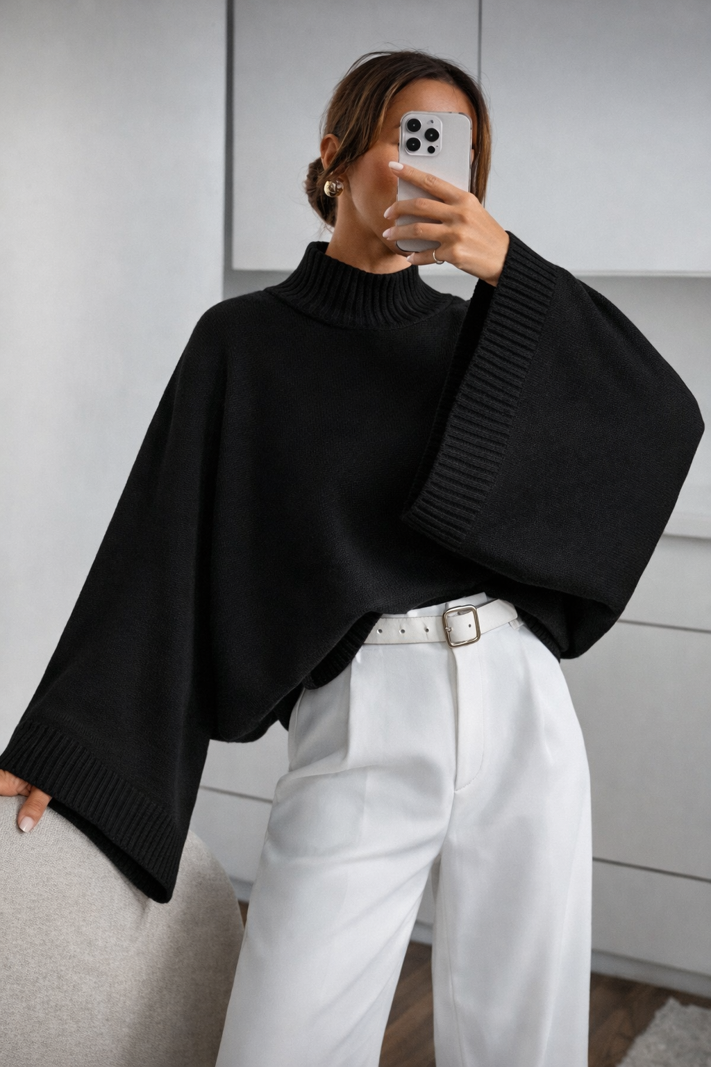 Women’s Oversized Batwing Sleeve Knit Sweater – Minimalist Mock Neck Winter Jumper - UltraChic