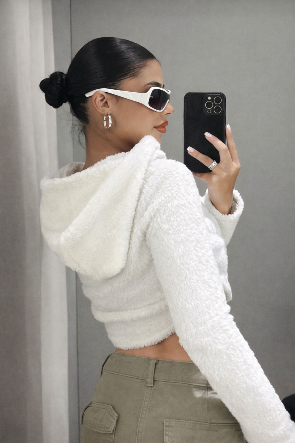 Women’s Crop Flannel Hoodie – Drawstring Hem Fall Winter Streetwear