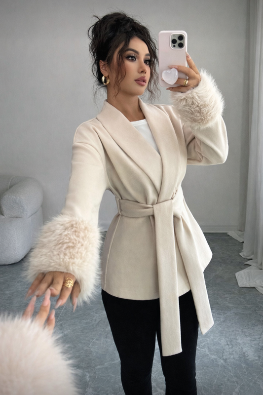 Women’s Elegant Faux Fur Trim Woven Coat – Tie-Front Collared Long Sleeve Winter Jacket