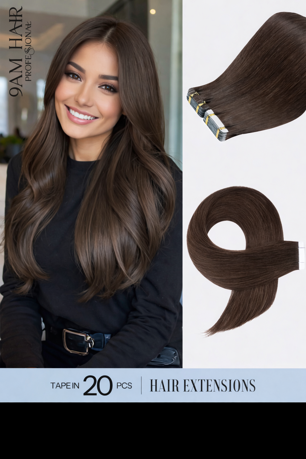 Tape In Human Hair Extensions Remy – Medium Ash Brown Seamless Straight Tape Hair Extensions for Women