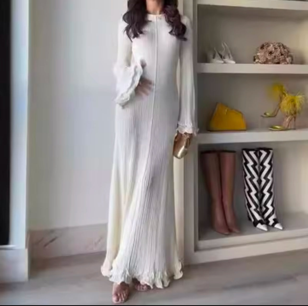 Ruffled Pleated Long Dress for Women – Elegant White Autumn & Winter Fashion, O-Neck Flare Party Dress, Perfect for Streetwear & Parties
