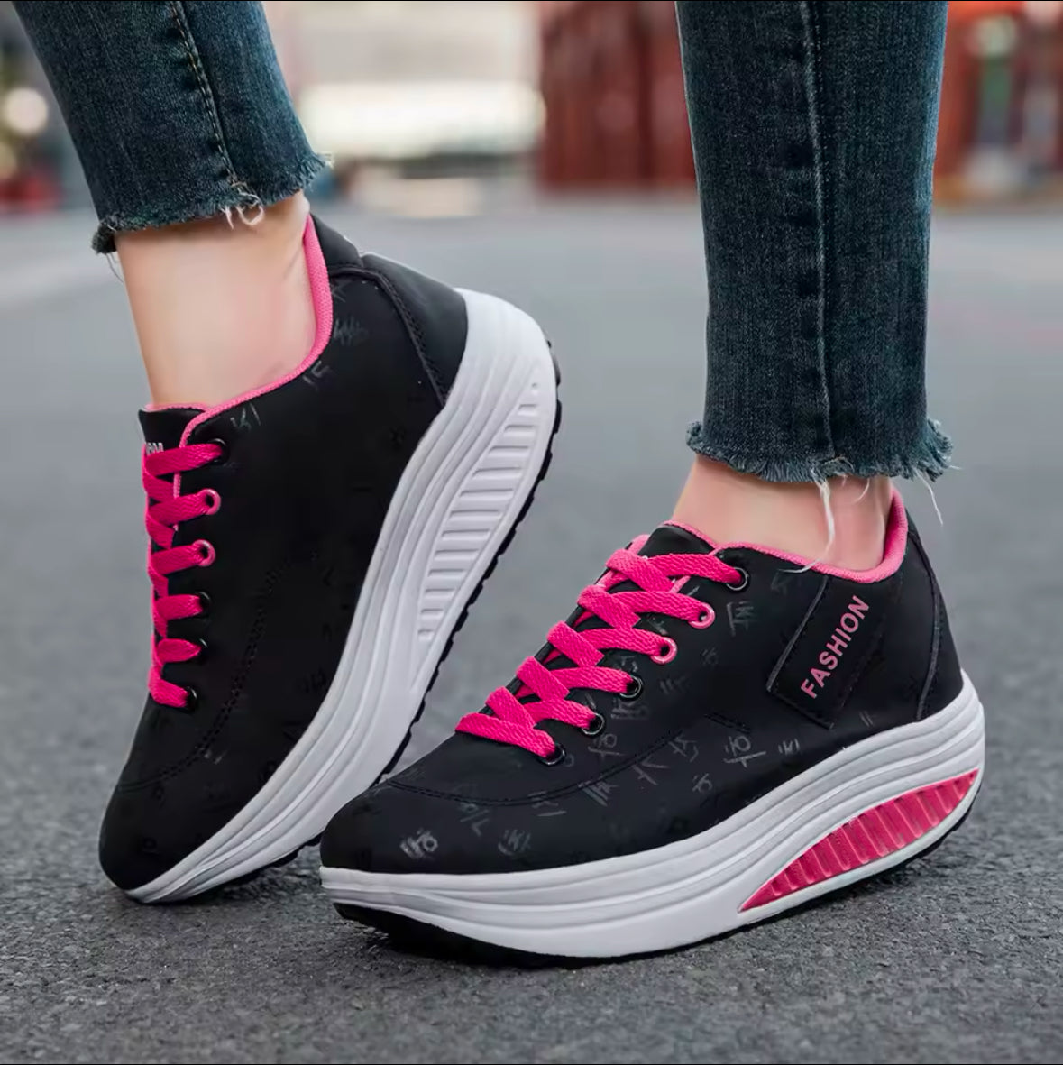 Ladies Casual Sports Shoes | Breathable Comfortable Lace-up Sneakers with Wedge Heel & Thick Sole