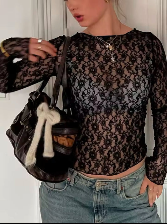 Mooyufon Long Sleeve See-Through Lace Crop Top – Sexy Bodycon T-Shirt for Women | Party & Clubwear for Autumn & Winter