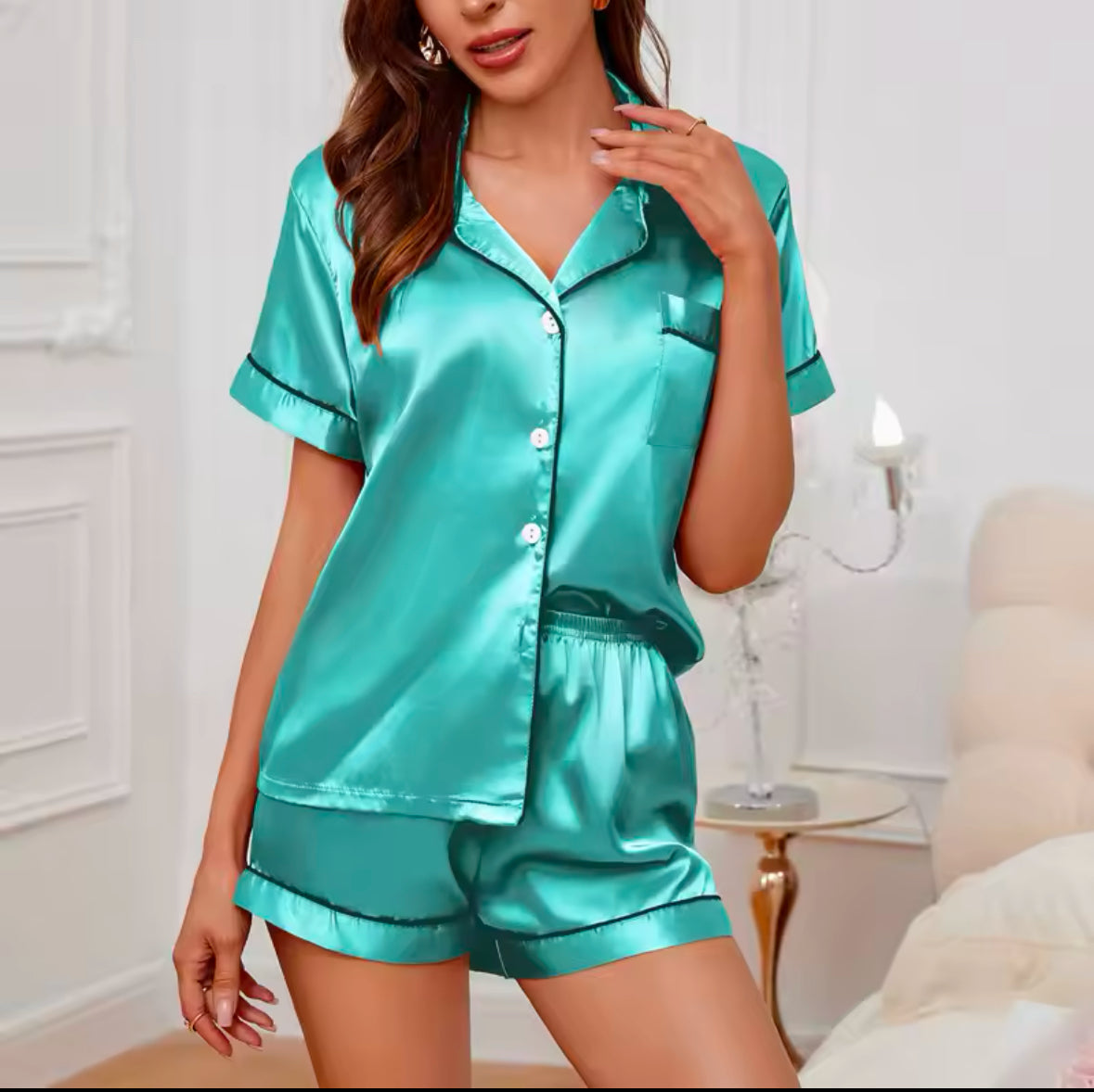 Luxury Satin Women’s Pajama Set – Short Sleeve Turn-down Collar Button Top & Shorts Sleepwear for Ultimate Summer Comfort - UltraChic