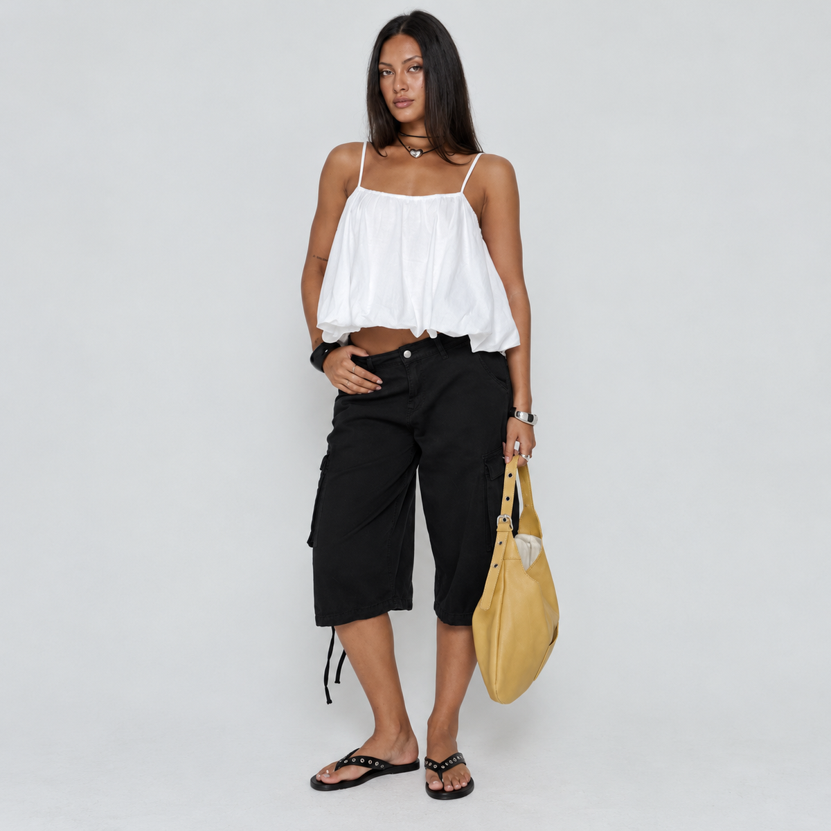 Women’s Black Longline Cargo Shorts – Baggy Fit Cotton Bermuda Shorts - UltraChic