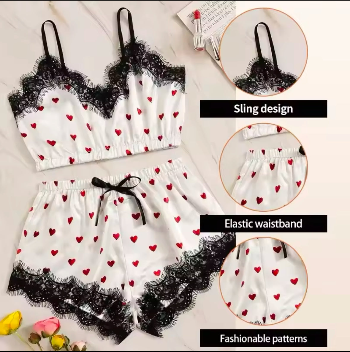 2PCS Satin Pajama Set for Women – Sexy V-Neck Lingerie with Lace & Bowknot, Stretchy Sleepwear for Comfortable & Stylish Nights