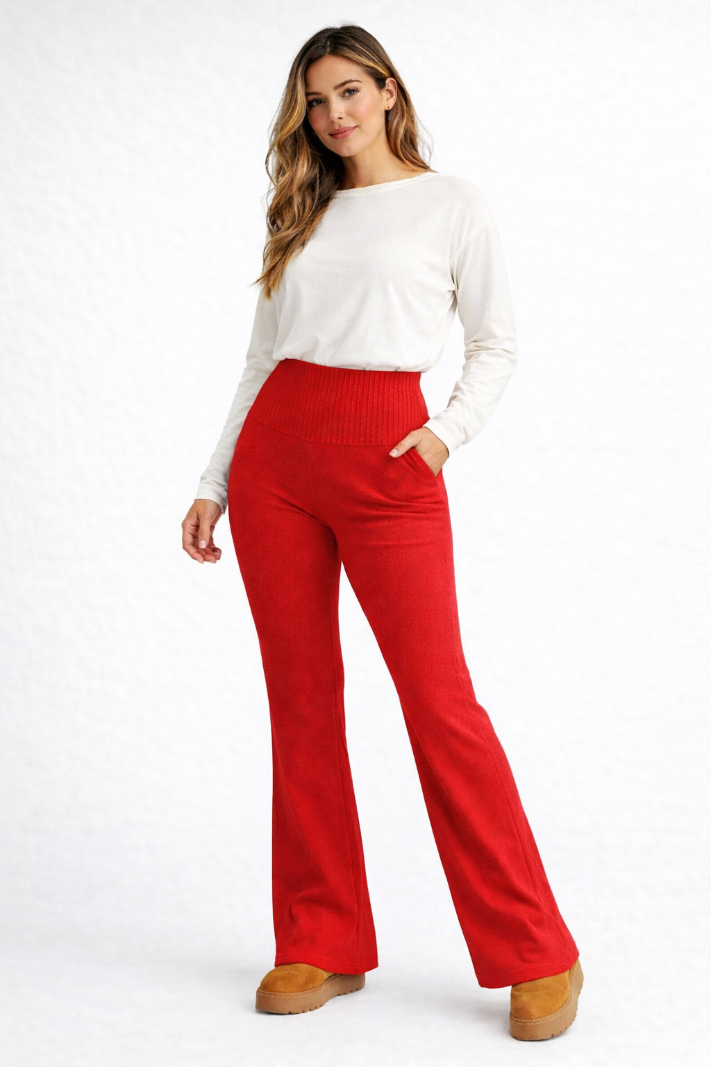 Apricot High Waist Flared Knit Pants – Minimalist Fall Winter Women Trousers - UltraChic