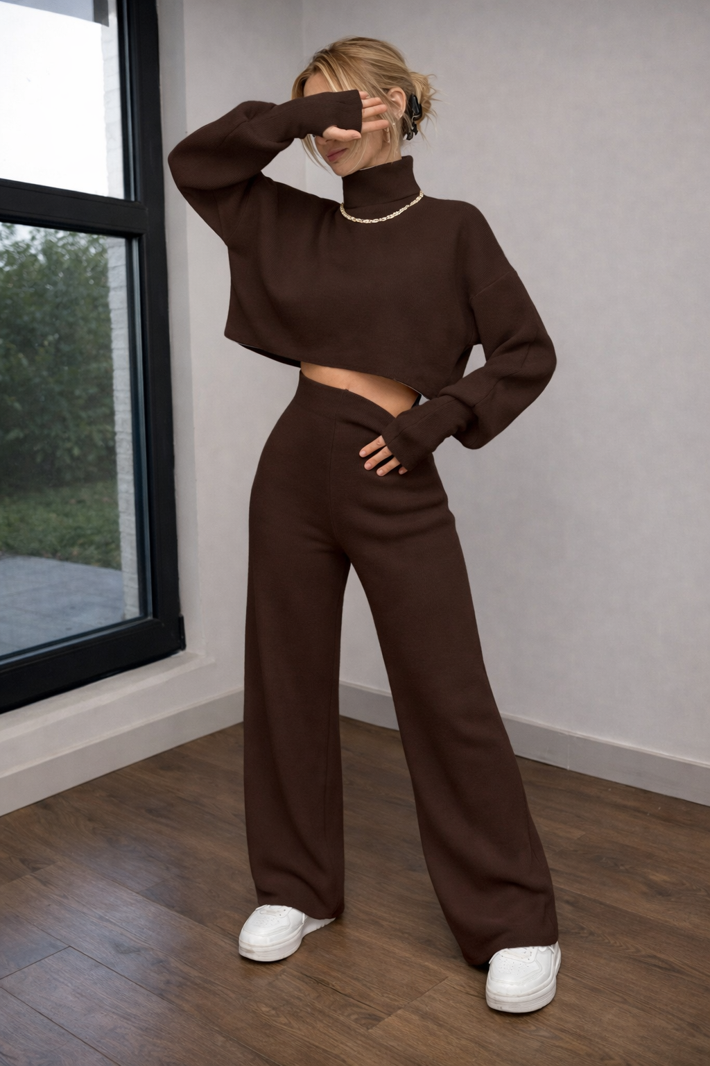 Women’s Turtleneck Crop Top Set – Cozy Autumn Winter Casual Outfit