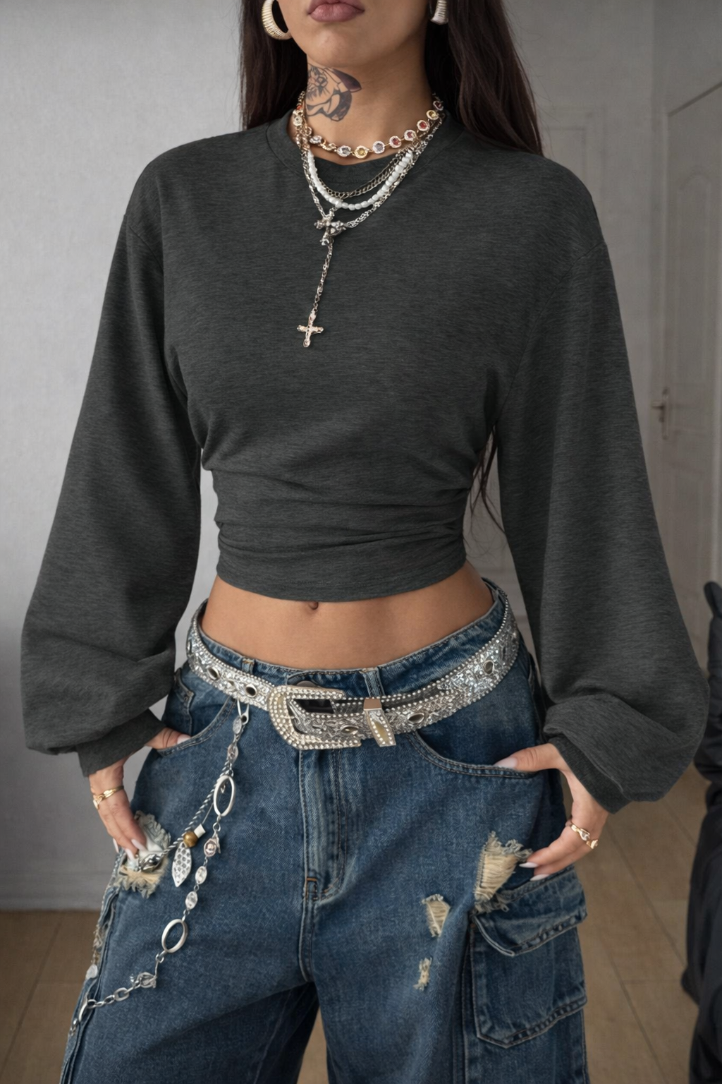 Women’s Asymmetrical Neck Pleated Sweatshirt – Cozy Fall Winter Casual Top