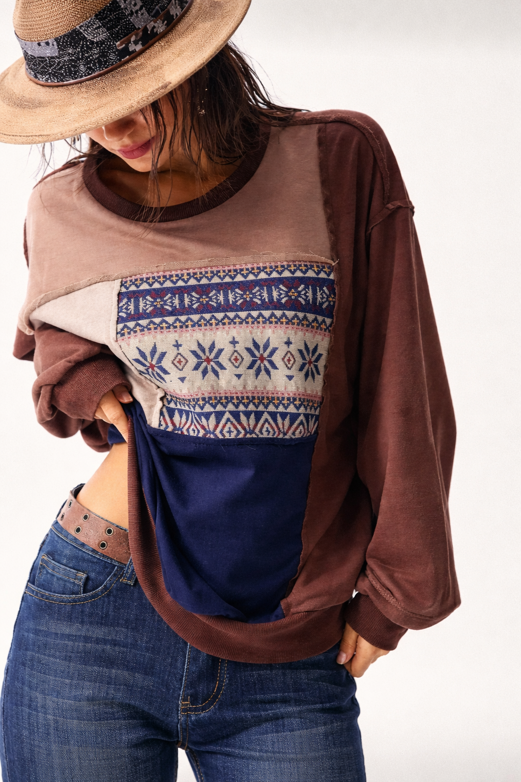 Women’s Patchwork Knit Sweatshirt – Cozy Autumn Winter Casual Top - UltraChic