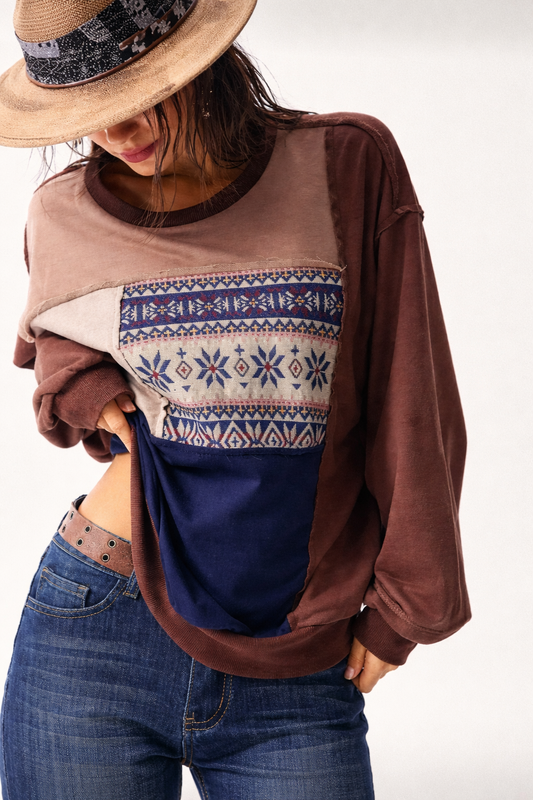 Women’s Patchwork Knit Sweatshirt – Cozy Autumn Winter Casual Top - UltraChic