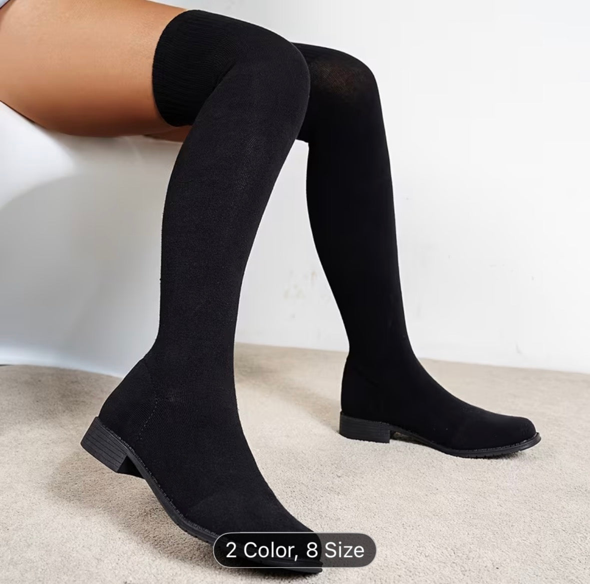 Women’s Over-The-Knee Sock Boots – Stretchy, Long Knitted, Flat Round-Toe High Boots