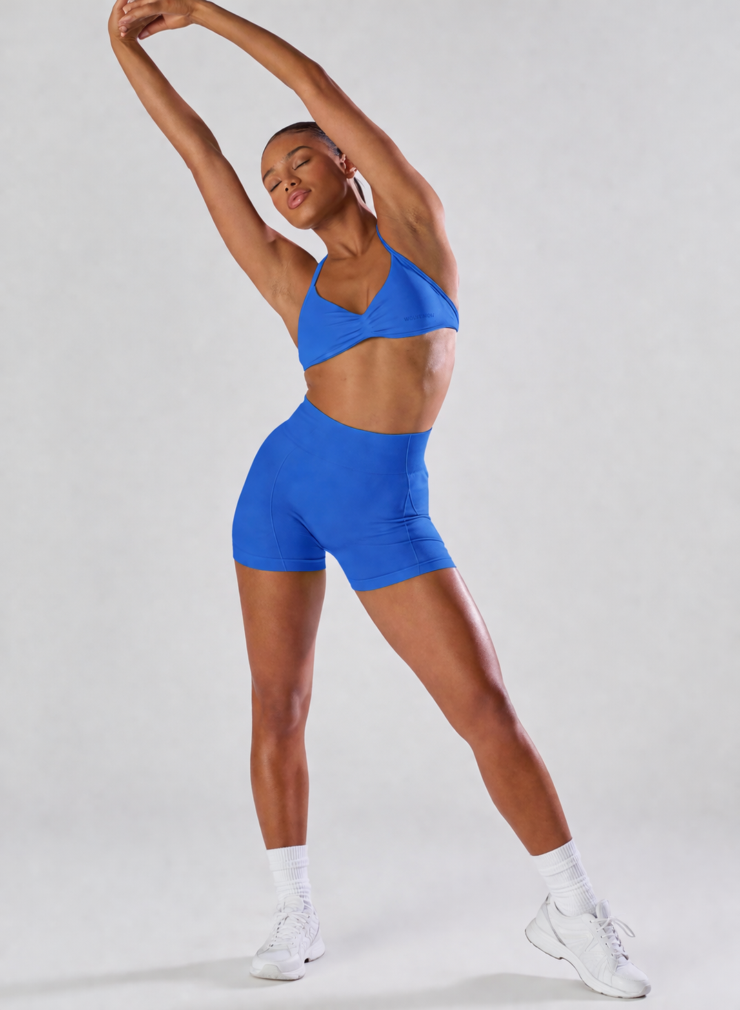 Women’s 2 Piece Workout Set – Ruched Halter Sports Bra & High Waist Mini Shorts Summer Activewear Outfit