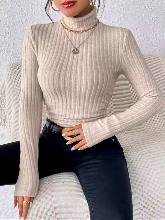 Slim Fit Ribbed Knit Turtleneck Top – Elegant Long Sleeve Texture Tee for Fall & Winter